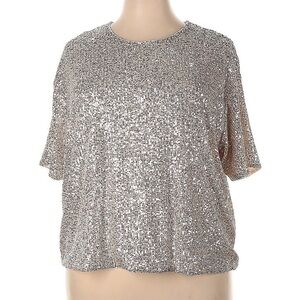 H&M Sequined Short Sleeve Top in Silver